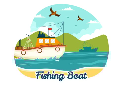 Fishing Boat Illustration with Fishermen Hunting Fish Using Ship at Sea in Flat Cartoon Background Design vector