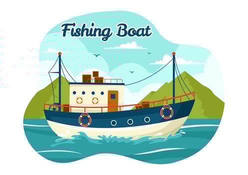 Fishing Boat Illustration with Fishermen Hunting Fish Using Ship at Sea in Flat Cartoon Background Design vector