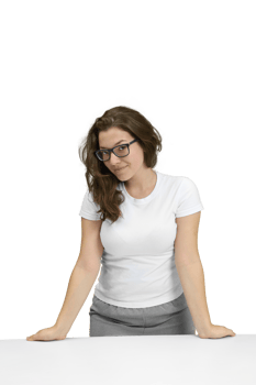 young and friendly teacher at her desk in front of the class on neutral background png