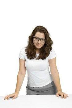 young and friendly teacher at her desk in front of the class on neutral background png