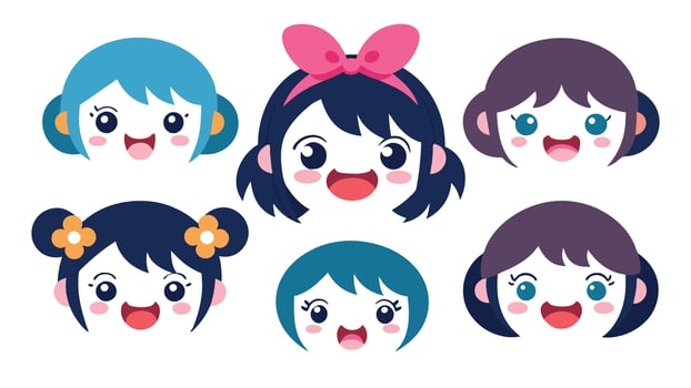 Cartoon kawaii face. Cute japanese anime character faces eyes and mouth happy and sad emotions facial emoji boy and girl emoticons. flat set. vector