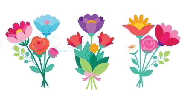 Flower bouquets. Garden blossoming flowers with stem and leaves. Various cartoon romantic flowering plant for Woman and Mother day. vector