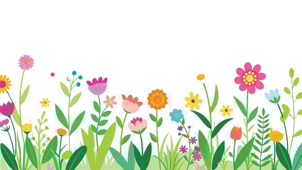 Spring flower border. Seamless blooming colorful wildflowers horizontal frame border. vector