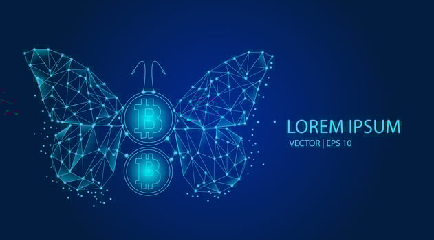 Abstract butterfly and bitcoin on a light background. Futuristic technology, cryptocurrency, digital money, cryptography, blockchain trading, BTC, mining, and steaking concepts. illustration vector