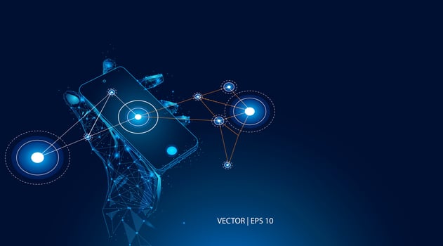 illustration. A hand is holding a cellphone displaying connected graphics, forming modern technology, big data, and communication. Abstract low poly modern background vector