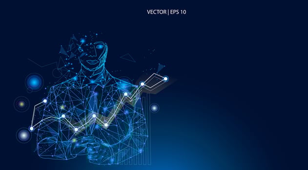 illustration. A businessman standing with apprentice hands, wearing a suit and surrounded by rising graphics. Abstract low poly modern background vector