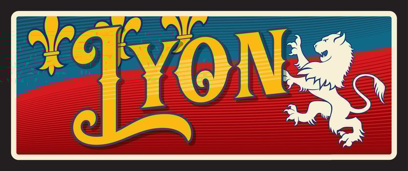 Lyon France city, vintage travel plate vector