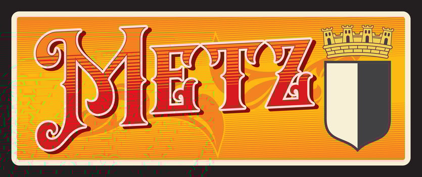 Metz City in France, vintage travel plate vector