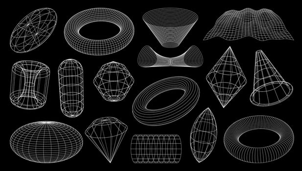 3D wireframe shapes, brutal tech grids, retro mesh vector