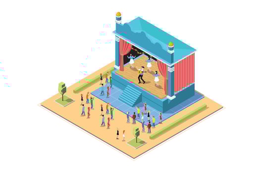 Isometric Illustration of Music Event stage with dancing and happy people enjoying music, Isometric 3d Concept of Concert Party and Stage Landscape. vector