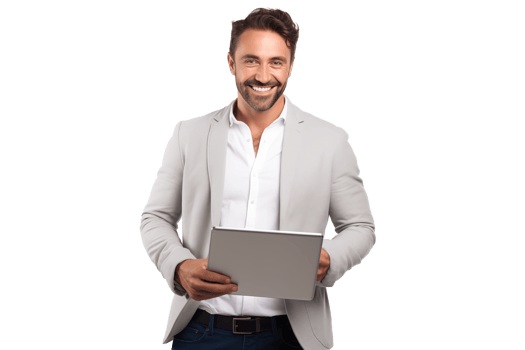 Attractive smiling man working on tablet on transparent background png