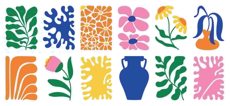 Botanical doodle background art set. Flower and leaves abstract shape doodle art design for print, wallpaper, clipart, wall art for home decoration. vector