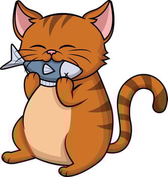 Cat eating fish illustration vector