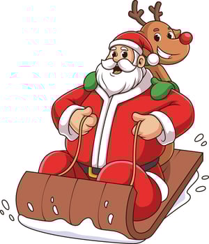 Santa and rudolph sliding in the snow cartoon drawing vector