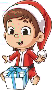 Excited baby girl santa with christmas gift cartoon drawing vector