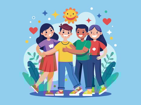 Happy Friendship Day Cute Cartoon Illustration with Boys and Girls Putting Their Hands in Flat Style vector