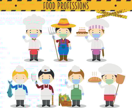 Covid 19 Health Emergency Special Edition. Set of Food Industry Professions with surgical masks and latex gloves in cartoon style vector