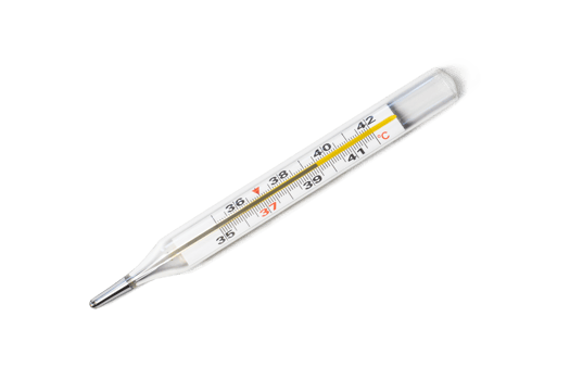 Mercury-in-glass thermometer with temperature mark 39,5 isolated on transparent background flat lay png