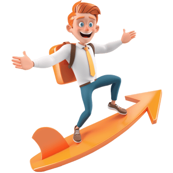 Employee surfing with rising arrow, 3d element, transparent background png