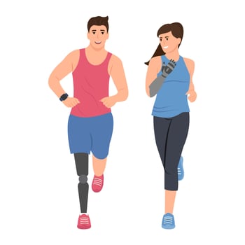 Man and woman with disability. People with leg, hand prosthesis. Adaptive sports for people with disability. vector