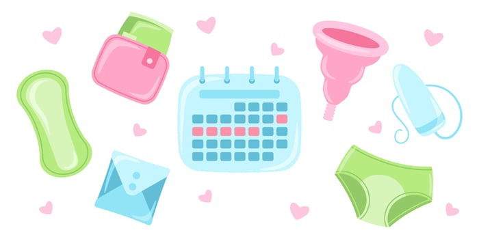 Set of different women's intimate hygiene items for menstrual period vector