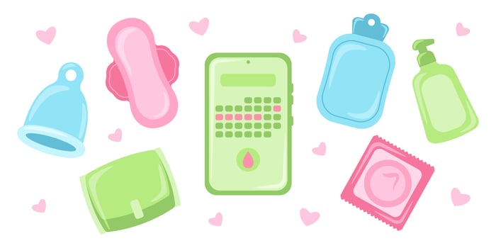 Set of different women's intimate hygiene items for menstrual period vector