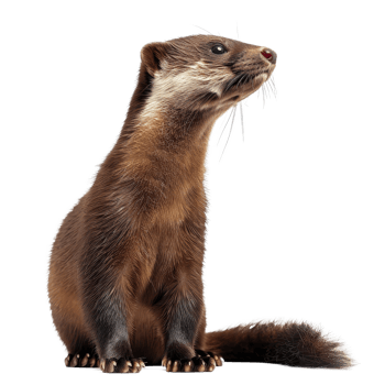 A ferret is seated in front of a plain white backdrop, a american mink isolated on transparent background png