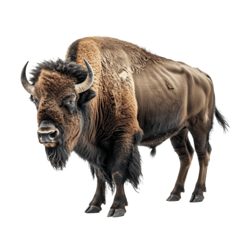 An American bison stands against a plain white backdrop, a american bison isolated on transparent background png
