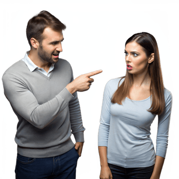 Man in Gray Sweater Pointing Finger at Surprised Woman in Studio Setting png