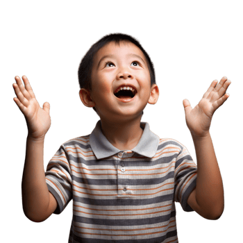 Young Boy With Hands Raised in Excitement, Indoors, Daytime png