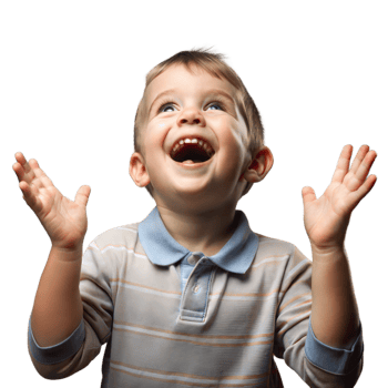 Delighted Young Boy in Striped Shirt Expressing Joy With Raised Hands png