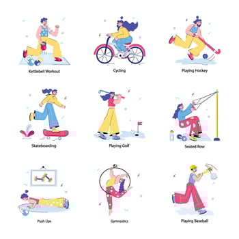 Trendy Doodle Mini Illustrations Depicting Fitness Sports vector