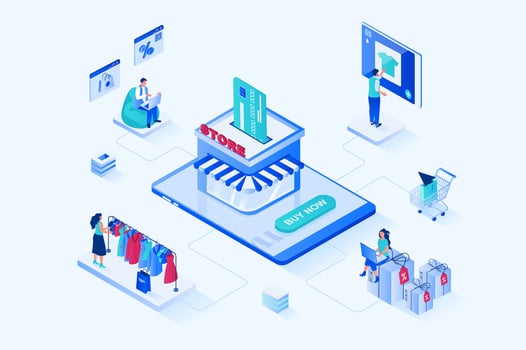 Online shopping 3d isometric web design. People choose new products at best prices with discounts on store pages, making purchases, use online payment and home delivery. web illustration vector