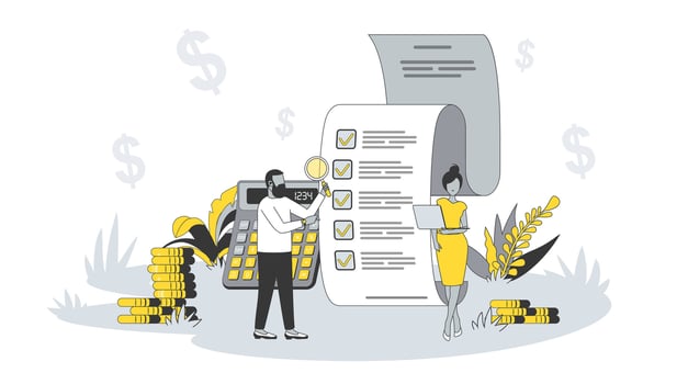 Accounting concept in flat design with people. Man and woman calculating financial data, analyzing and manage balance, consulting and auditing. illustration with character scene for web banner vector