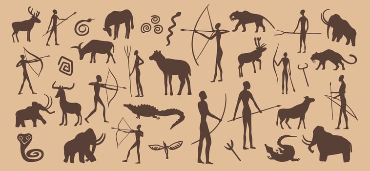 Prehistoric stone drawing, cave painting symbols vector