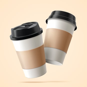Two paper coffee cups with blank labels in 3D illustration floating over beige background vector