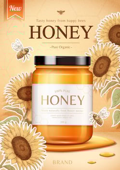 Sunflower honey product with honeybees in 3d illustration with sunflower engravings vector