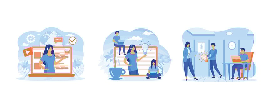 Online global technical support. Concept customer and operator, online technical support for web page. Online assistant at work. Set flat modern illustration vector