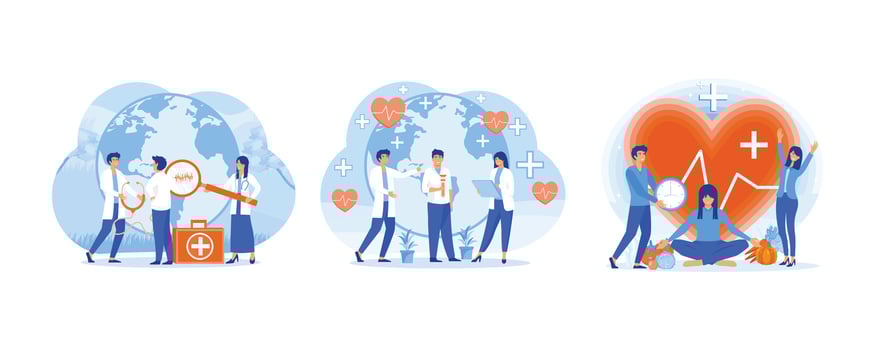 Doctors check the health world globe with a stethoscope. Doctors and medical workers are celebrating Health Day. World Health Day concept. Set flat modern illustration vector