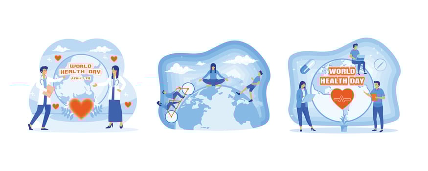 World health day with male doctor and female doctor. World Health Day. Medical Tiny People Characters Concept. Set flat modern illustration vector