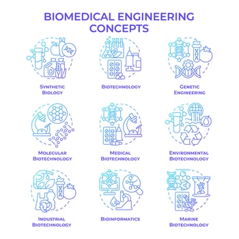 Biomedical engineering blue gradient concept icons. Biotech fields. Academic disciplines. Icon pack. Round shape illustrations. Abstract idea. Easy to use in presentation vector