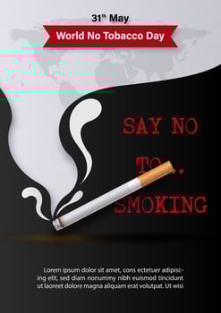 Image of cigarette with world no tobacco day wording in 3d and paper cut style on giant smoke and world map on black background. vector