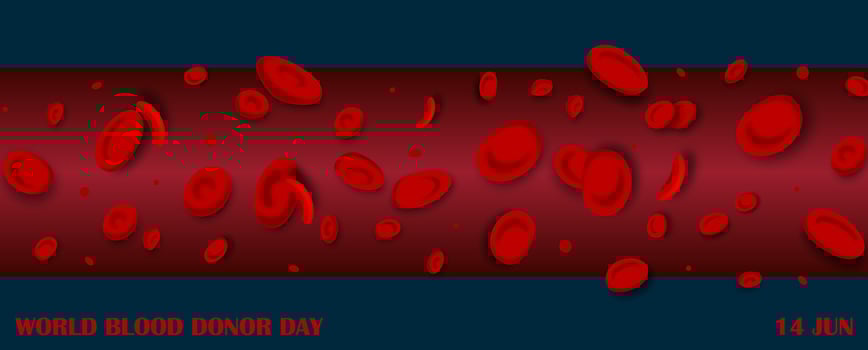 Red blood cells pattern with wording of world bloods donor day on navy blue background. Poster's campaign of world blood donor day in design. vector