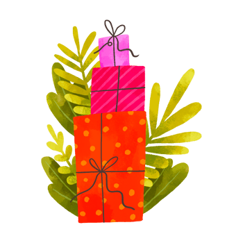 Winter holidays composition with bright red and pink gift boxes. Presents with branches and leaves. Hand drawn cartoon illustration on isolated background png