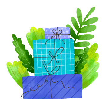 Winter holidays composition with blue gift boxes. Presents with branches and leaves. Hand drawn cartoon illustration on isolated background png