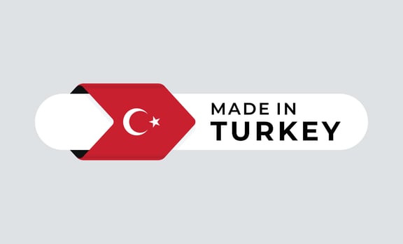 Made in Turkey with gear and flag design. For banner, stamp, sticker, icon, logo, symbol, label, badge, seal, sign. Illustration vector