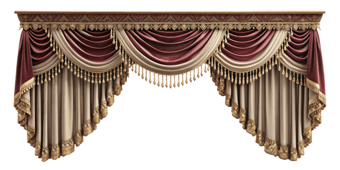 curtain of a theater or a opera opening on a transparent background, Stage Curtain Border Concept, mockup png