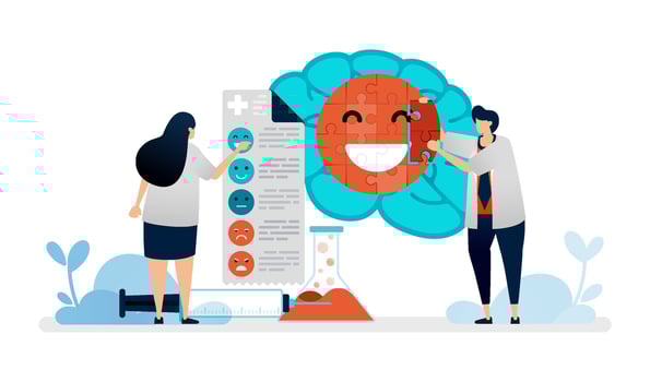illustration of medical psychiatry improving mental happiness in patient brain with treatment vector