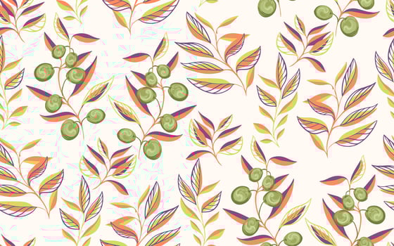 Abstract artistic branches with olive berries, shapes leaves seamless pattern on a light background. Colorful printing with creative tropical plants. hand drawing sketch. Template for designs vector