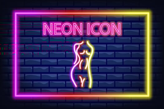Woman body neon line icon. Sport, razor blade, body hair, Laser hair removal, wax, female beauty, figure, feminine hygiene. Personal care concept. Neon Line icon on break background. vector